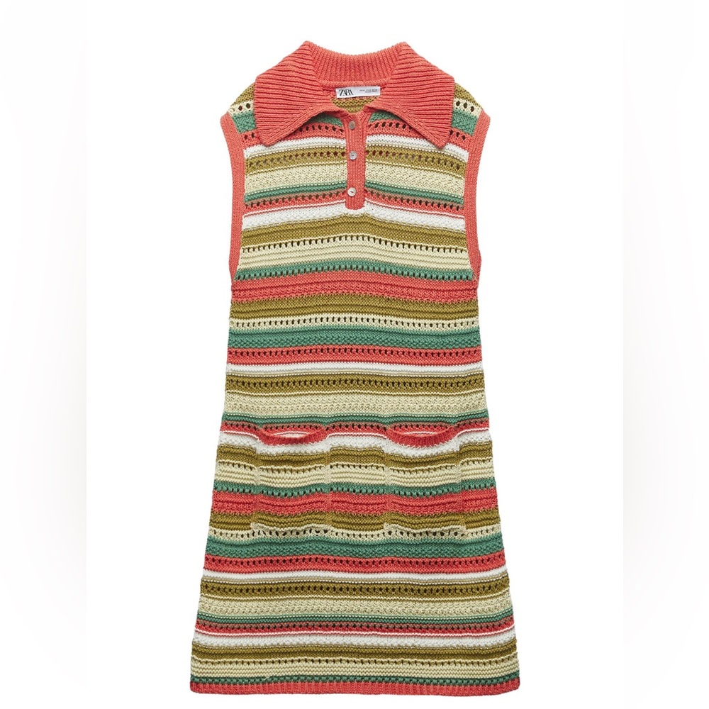 Zara Coral Stripe Crochet Knit Dress with Green & Cream Accents